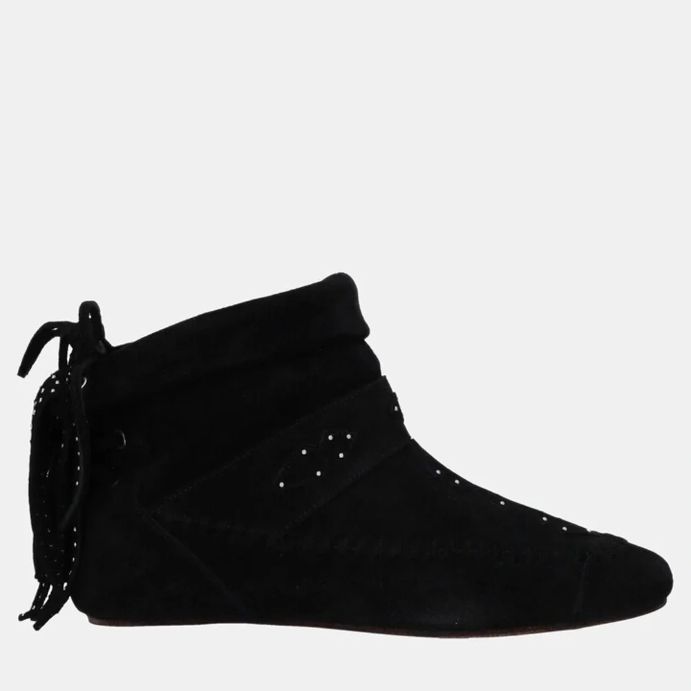 Saint Laurent Black Ankle Boots Suede Studded Moccasin Booties 9 Boho Casual 🟡